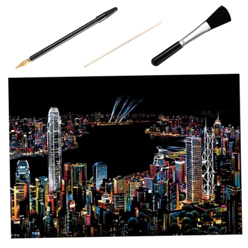 Artibetter R彩夜景スクラッチアートキット 向け刮画用紙 竹棒 ゴールドペン 黒ブラシ付き 幼児 小学生の創造力育成に