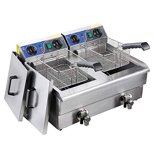 Koval Inc. Stainless Steel Commercial Electric Deep Fat Fryer with Drain and Basket (20L, Silver Double Tank)