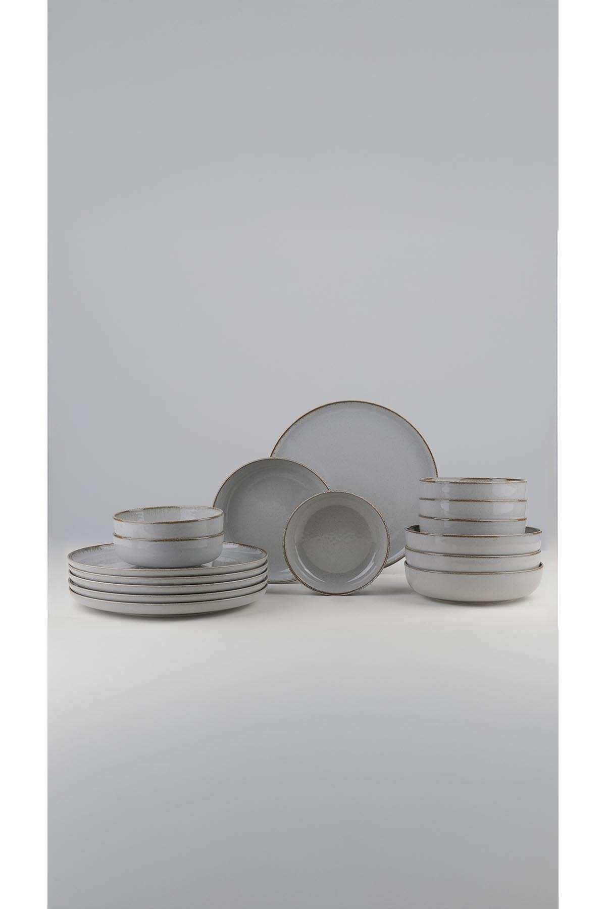 Elegancki 18-częściowy serwis obiadowy, szara porcelana, nadaje się do kuchenki mikrofalowej i mycia w zmywarce | Zawiera 6 talerzy do serwowania, głębokie talerze i miski