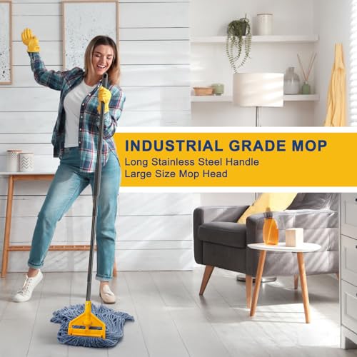 Image of KeFanta 2 Pack Commercial Mop Heavy Duty Industrial Mops,60 inch Long Handle with Looped-End String Cotton Wet mop Head Replacement for House,Kitchen,Laminate,Tile,Vinyl,Hardwood Floor Cleaning(Blue)