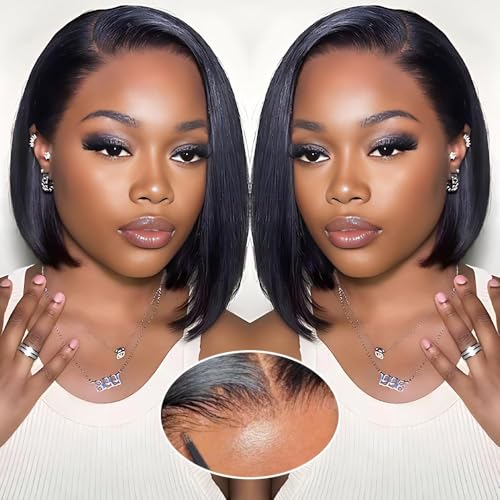 Wear and Go Glueless Bob Wig Human Hair Pre Plucked Pre Cut 180% Density 5x5 HD Transparent Lace Front Wigs Human Hair for Black Women Short Straight Bob Wigs No Glue Lace Closure Wigs 10 Inch