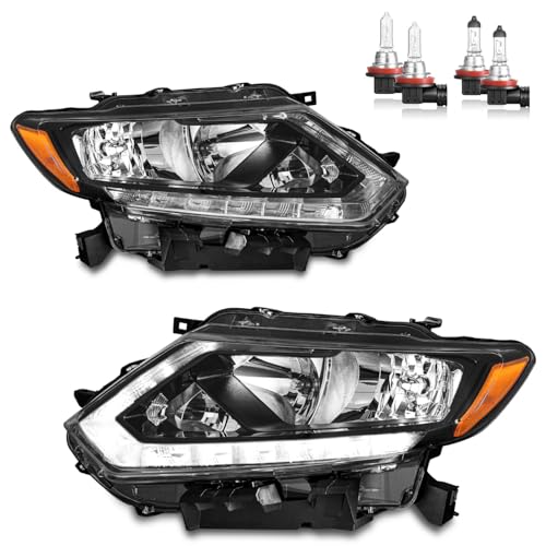 KarSpareHub Halogen Headlights Assembly with LED DRL Strip for 2014 2015 2016 Rogue Headlamp Replacement Driver & Passenger Side (NO PROJECTOR)