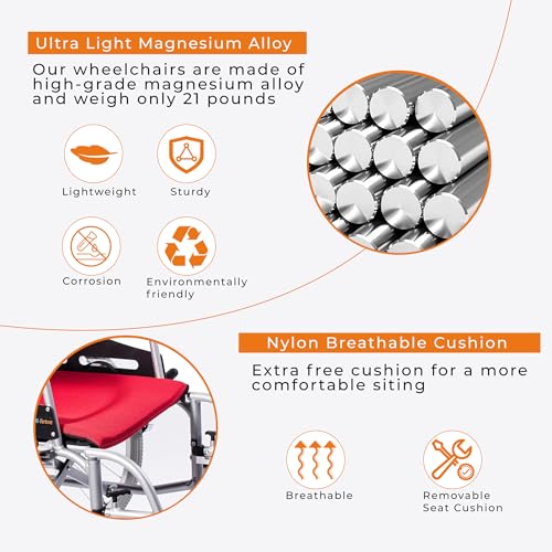 SUMELL-Magnesium-Lightweight-Wheelchair-21lbs-Self-propelled-Chair-with-Travel-Bag-and-Cushion-Portable-and-Folding-175-W-Seat-Park-Brake-Anti-Tipper-Swing-Away-Footrests-Ultra-Light-Red