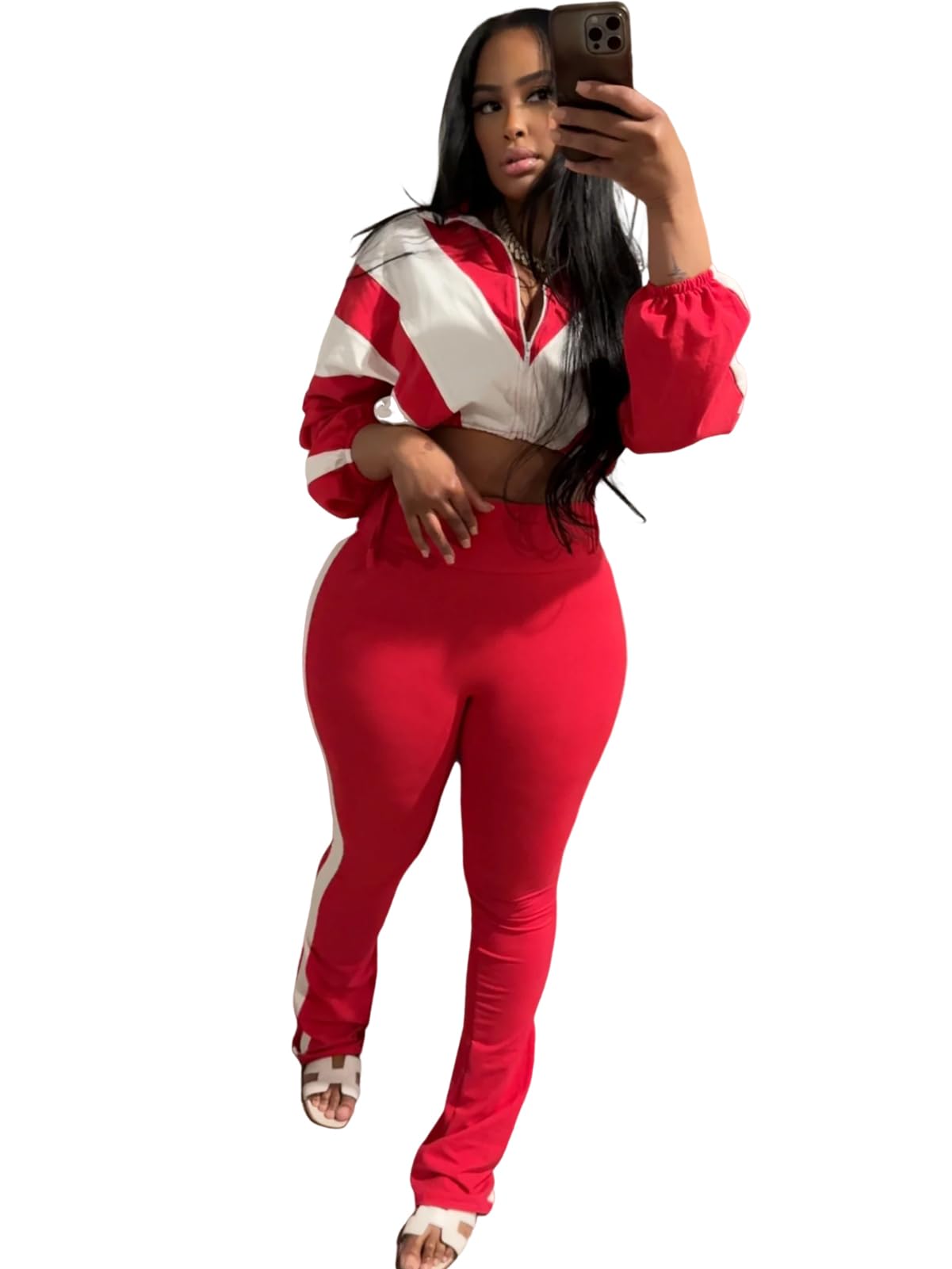 Womens Sweatsuits 2 Piece Set Contrast Color Long Sleeve Zip Up Cropped Jacket Leggings Pants Jogger Track Suits