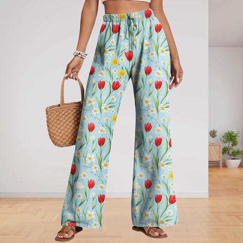 Womens Tulip Print Pants Summer Boho Floral Graphic Casual Trousers Elastic Drawstring High Waist Pant Lightweight2