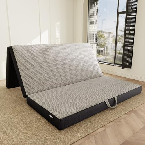 Image of ROXGOX Memory Foam Trifold Mattress, Queen Portable Floor Bed 4 Inch, Foldable Mat with Washable Cover, Handle & Non-Slip Bottom, for RV, Travel, Camping, Yoga, 78 inchx58 inchx4 inch, Grey