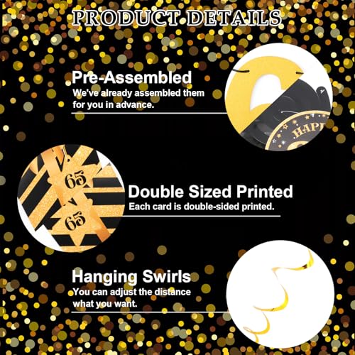 Image of Black&Gold 65th Birthday Decorations, Happy 65th Birthday Banner with 10PCS Hanging Swirls