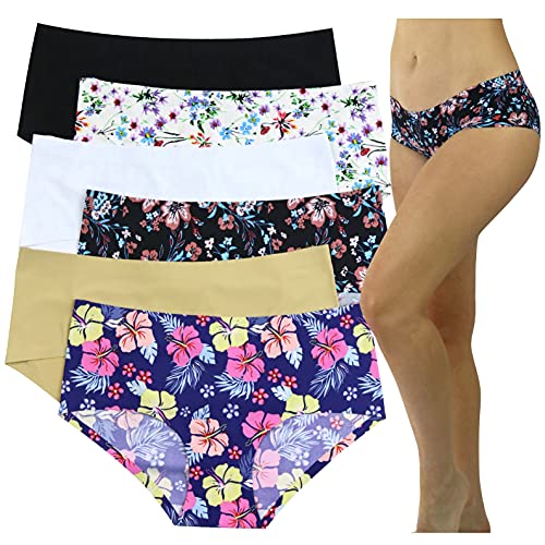 ToBeInStyle Women’s Pack of 6 Prints & Solids Hawaiian Themed Mid Raise Hipsters - S