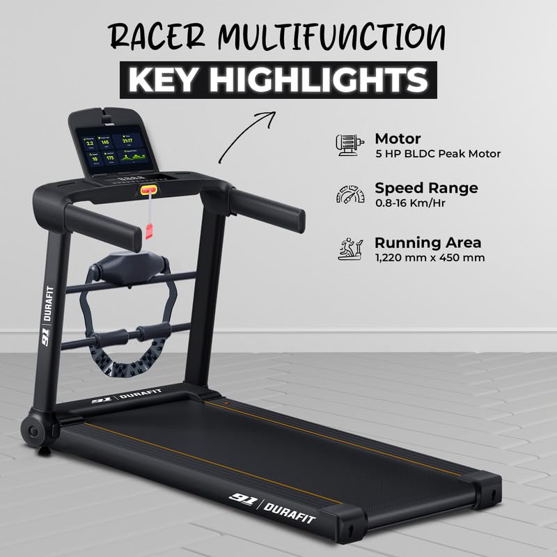Image of Racer Multifunction 5 HP Peak BLDC Motorized Treadmill| 120 Kg User Weight| 16 Km /Hr Max Speed | Hydraulic Foldable| Bluetooth Speaker | Wynd app | Home use