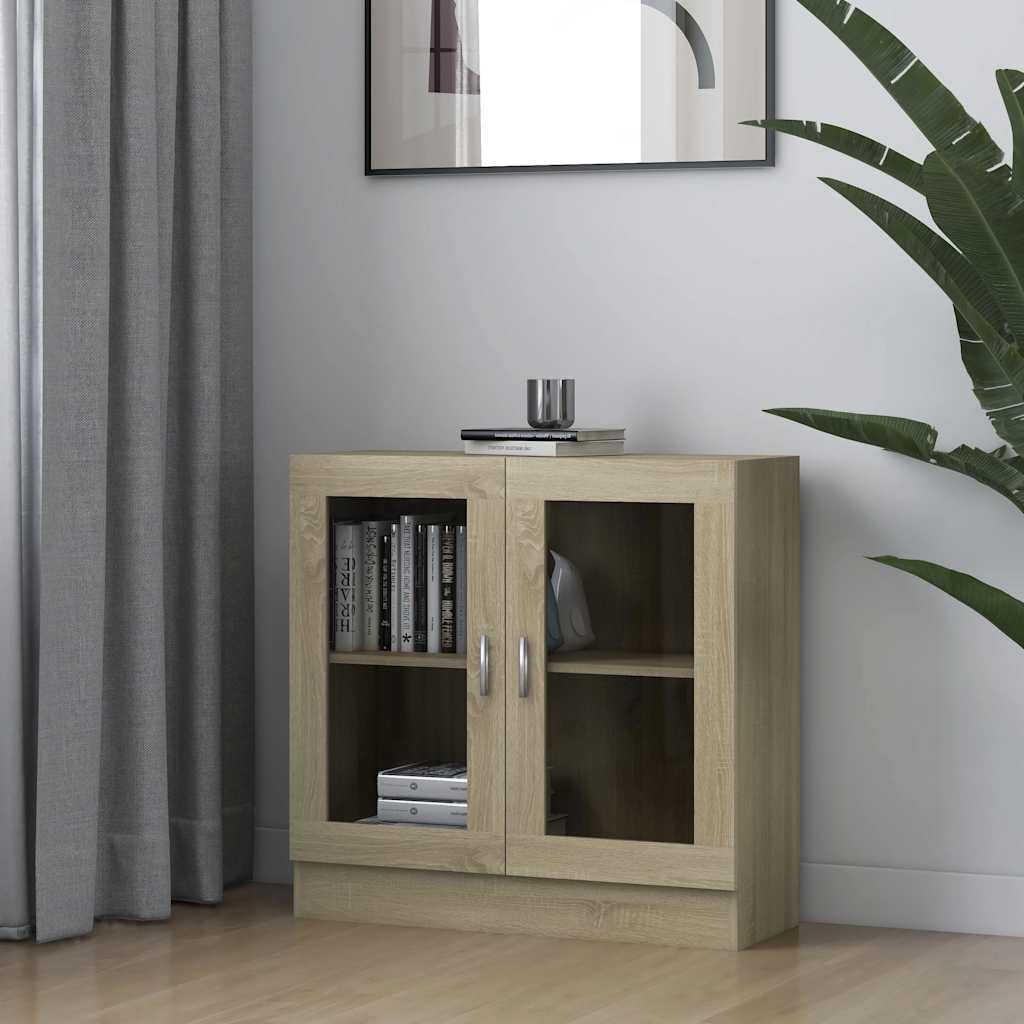 Szafka z witryną dąb Sonoma 82,5 x 30,5 x 80 cm materiał drewnopochodny ze szklanymi drzwiami do salonu, gabinetu, biura, segregatora i dekoracji