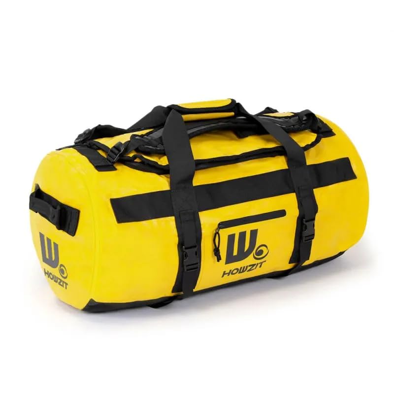 Howzit Sac de Voyage Étanche 60L – Grand Duffel Bag Imperméable en Polyester 500D – Convertible Sac à Dos ou Main – Coutures Soudées & Zip Étanche – Idéal Camping, Kayak et Nautisme (Jaune)