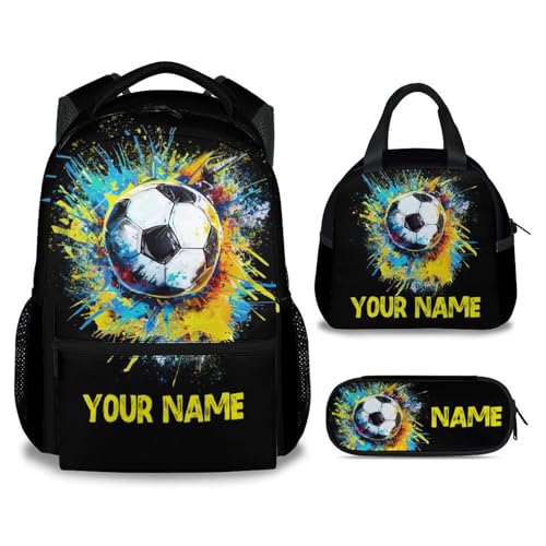 Personalized Soccer Backpack with Lunch Box and Pencil Case Set, 3PCS Matching Teens Colorful Backpacks Combo, Bookbag and Pencil Case Bundle