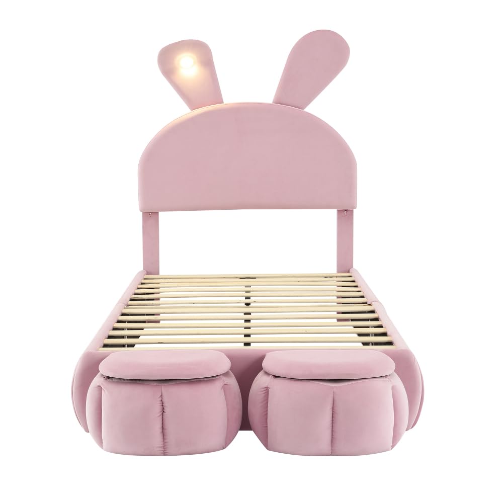 Cama infantil 90 x 200 cm, orejas de conejo brillantes, tiras luminosas cálidas, 2 taburetes de almacenamiento, listones de madera, terciopelo rosa