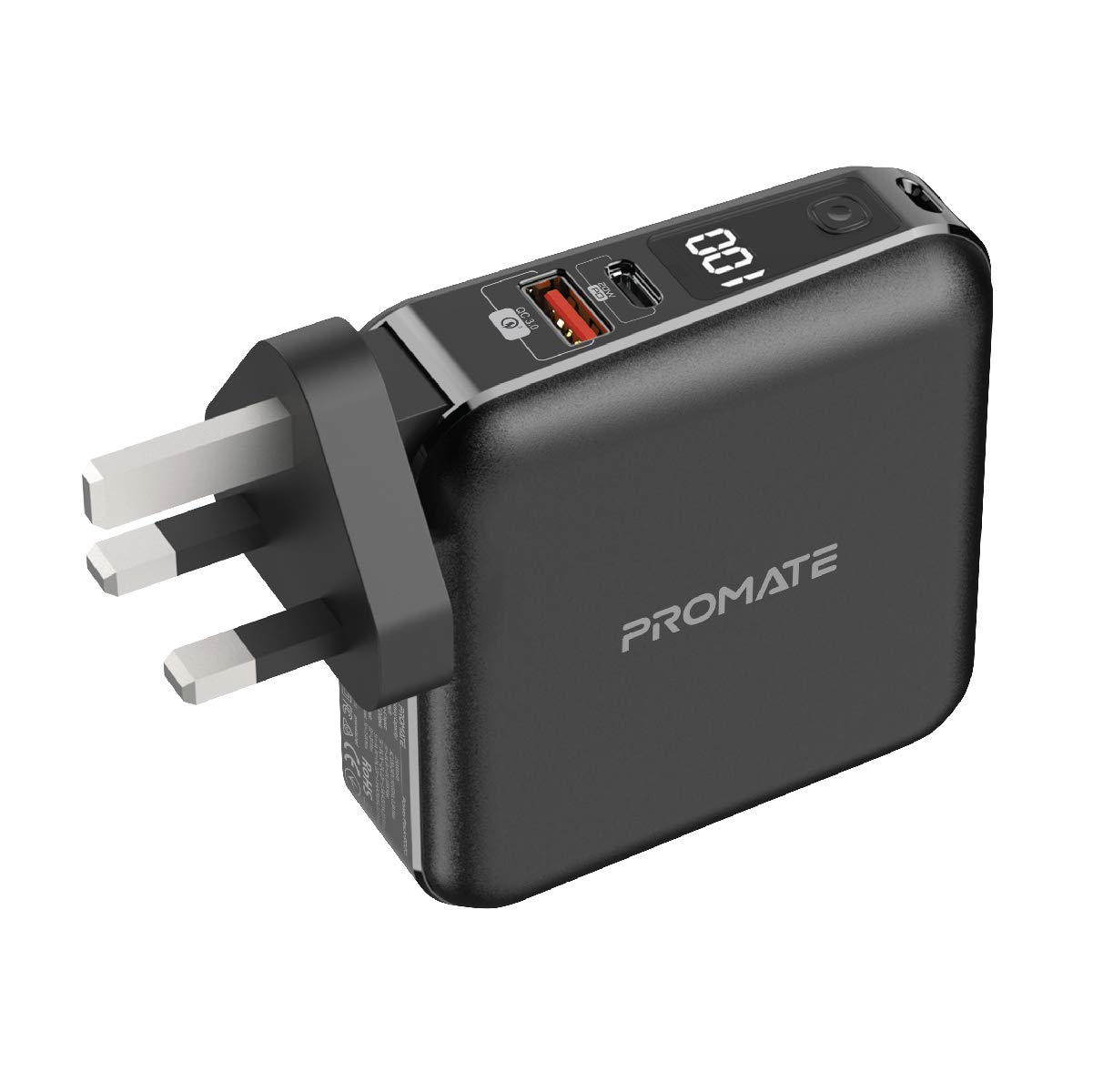 Promate Portable Charger, 2-In-1 Power Bank 15000mAh with Multi-Regional AC Plug, 20W USB-C PD (Input/Output), QC 3.0 Port and USB-C/Lightning Cord for iPhone 12, iPad Pro, Galaxy S21, PowerPack-PD20