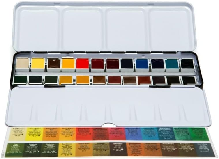 Daniel Smith Color Hand Poured Pan Set with BONUS Metal Box and Empty Half Pans, 24 Units (Pack of 1) 24 Color Set Half Pan with Metal Case and 24 Empty Containers