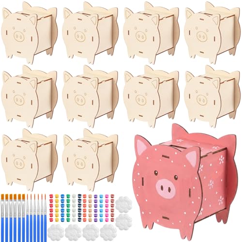 Weysat 12 Set DIY Wooden Piggy Banks Kit Unfinished Pig Coin Banks Craft with Paint Strips Brushes Palette Money Saving Box Small Change Container Art Craft Fo Birthday Home Festival Gift