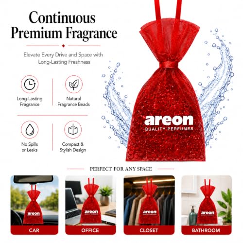Image of AREON Pearls Strawberry Car Air Freshener - Hanging Odor Eliminator for Car Home Office - Long Lasting Quality Perfume Fragrance Beads - Fresh Fruity Strawberry Scent Air Freshener (Pack of 3)