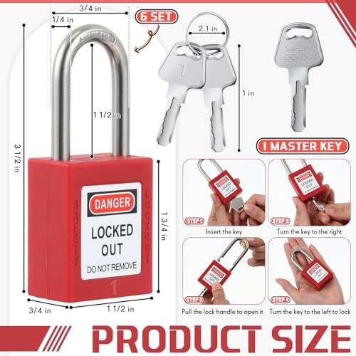 Image of 6 Sets Lockout Tagout Locks Kit, Safety Padlock, Loto Locks Keyed Differently Lock Out Tag Out 13 Pcs Safety Padlocks with 6 Lockout Tagout Tags Red for Stations and Devices