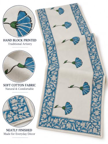 Image of Ravaiyaa - Attitude is Everything Hand Block Printed Cotton Table Runner | Floral Printed Table Runner for Home Decor, Kitchen | 60 x 16 Inch-(Turquoise Floral)