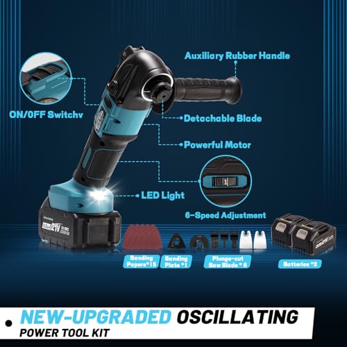 Oscillating Multi-Tool, Cordless Multitool 4° Oscillation Angle, 6 Variable Speed Oscillating Multi-Tool with Saw Accessories for Cutting Grinding (with 2 Batteries) 5 Oscillating Multi-Tool, Cordless Multitool 4° Oscillation Angle, 6 Variable Speed Oscillating Multi-Tool with Saw Accessories for Cutting Grinding (with 2 Batteries) - Image 5
