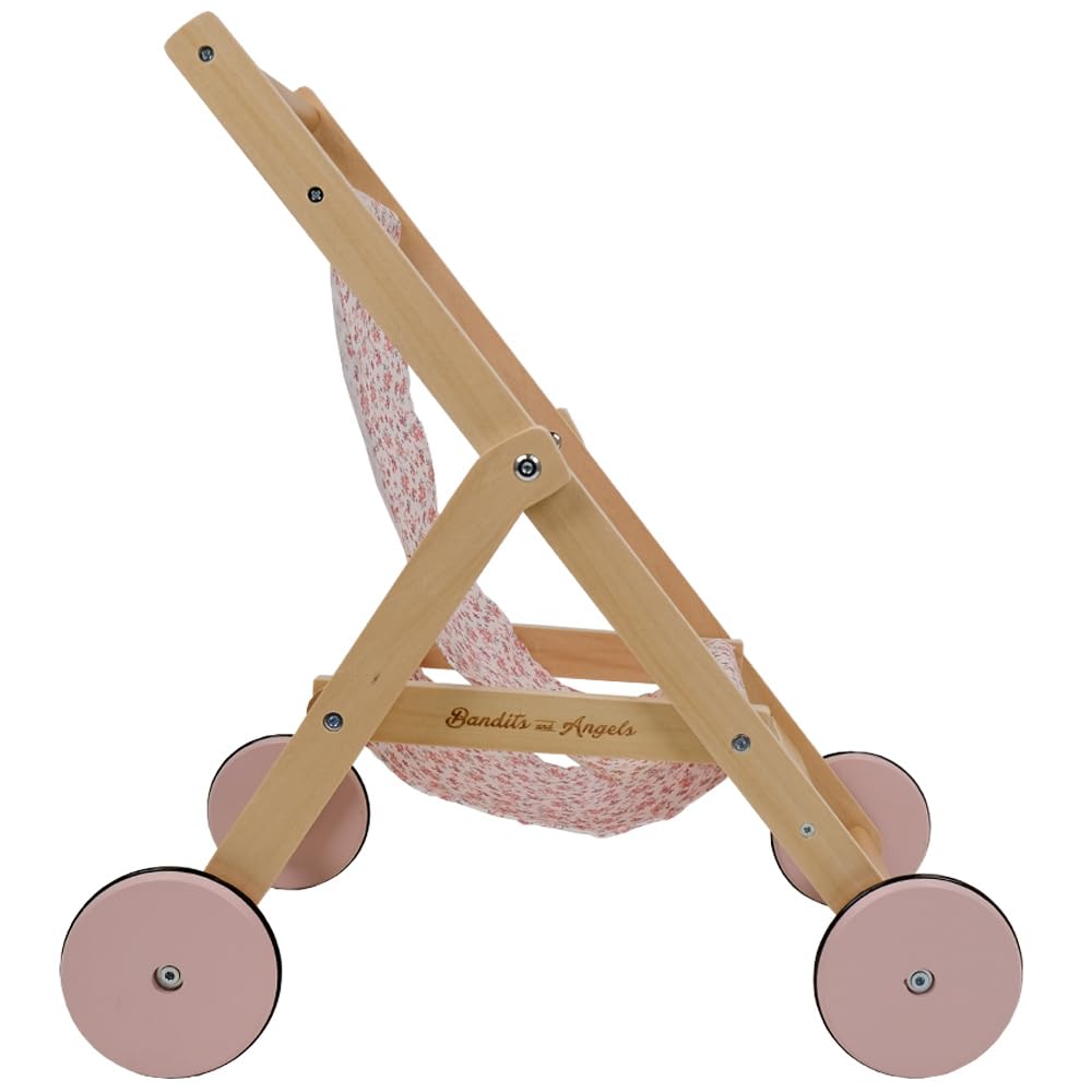 Bandits & Angels Puppenbuggy Lovely Flowers aus Holz – ab 2 Jahren – Puppenwagen aus Holz – für Puppen bis 50 cm – Puppenwagen Rosa mit Blumen – Puppenbuggy