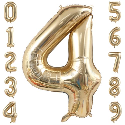 Image of Champagne Gold 4 Balloon Number,40 Inch Light Gold 4 Balloons Big Foil Mylar Helium Number 4 Balloon for Birthday Party Anniversary Decorations