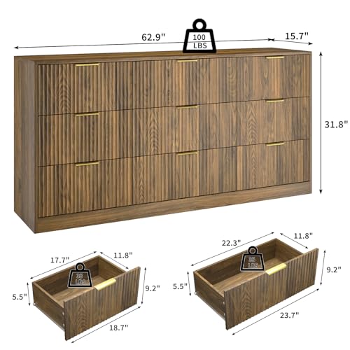 Image of Fluted Wood Dresser for Bedroom,63 inch Wide 9 Drawer Dresser Mid Century Chest of Drawers Wooden with Gold Handles,Dressers TV Stand Storage Organizer for Closet,Bedroom,Living Room, Walnut