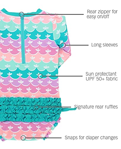 Image of RuffleButts Baby Girls UPF 50+ Sun Protection Floral Printed Long Sleeve One Piece Rash Guard Swimsuit with Zipper