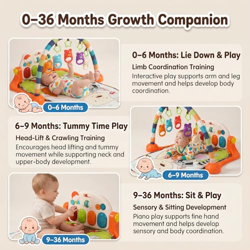 Image of StarAndDaisy Baby Play Gym mat, Kick & Play Gym mat with Adjustable Piano for Baby, Infants & Toddler Gym /Play mat with Hanging rattles Toys Music & Light - Orange