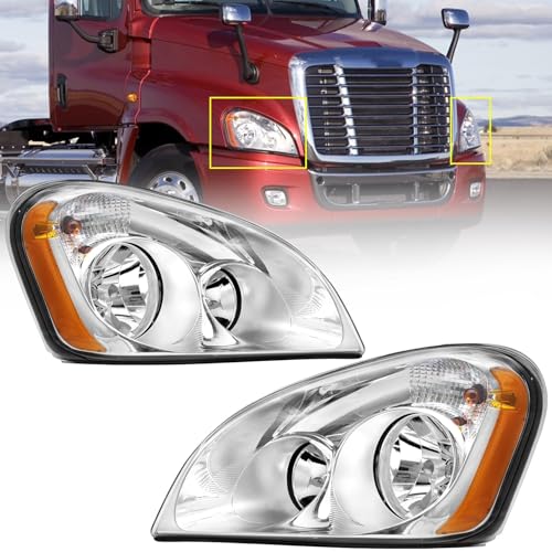 Headlights Assembly Compatible with 2008-2016 Freightliner Cascadia Halogen Headlamps Assembly Chrome Housing Clear Lens (Pair)