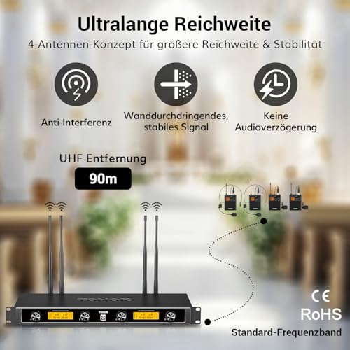 TONOR 4-Kanal UHF Funkmikrofon Set für Gesang und Karaoke mit 4x5 Frequenzen und 60m Reichweite