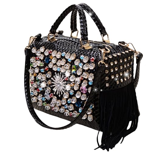 Fashion Rhinestone Bag for Women Leather Top-Handle Satchel Handabgs Large Capacity Tassel Tote Bag Shoulder Messenger Bags (Black)