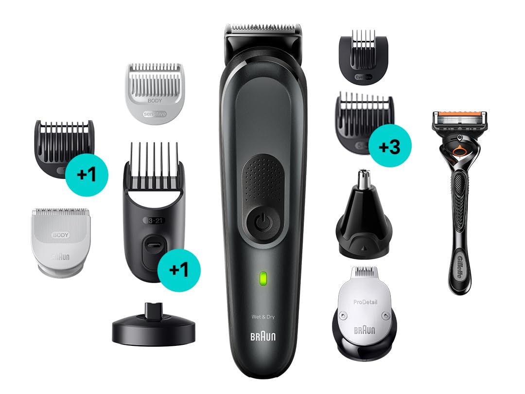 Braun MGK7491 - Kit de estilo 17 en 1 para barba, cuerpo, cabello con ProBlade, autonomía de 100 min, organizador, color gris