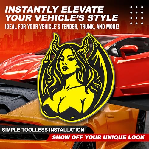 Image of Succubus Emblem, Devil Girl Demon Goddess 3D Badge, Dark Gothic Lilith Style Auto, Custom 3D Exterior Automotive Accessories, Universal Fit for Car, Truck, SUV (Set of 2) (Yellow)