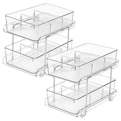 Winter Shore Cajones Almacenaje de 2 Niveles con Separadores Extraíbles [Pack de 2] - Estantes Deslizables de Plástico Transparente Organizador Cajones Baño, Cocina, Despensa - Fácil de Limpia