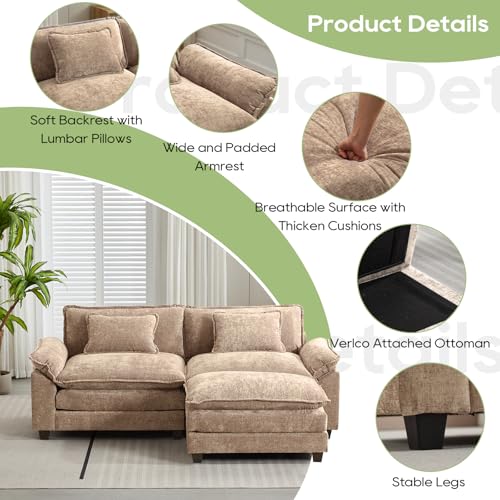 Image of Oprisen 86 inch Modular Sectional Sofa, Comfy Cloud Couch Sectional Sofa with Ottoman, Chenille Sofa Sleeper Deep Seat Sofa with Throw Pillows for Living Room (Khaki, 86 inch- L Shape)