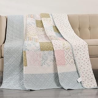 Cotton Patchwork Quilt Throw Blanket for Sofa Couch 150 x 200cm Light Blue Floral Single Quilted Bedspread Coverlets Reversible Stitched Lightweight Bed Cover Blanket