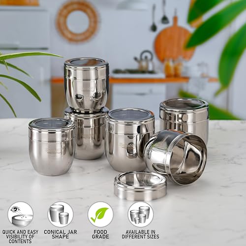 Image of Sumeet Stainless Steel Conical Shape Canisters /Dabba /Storage Containers for Kitchen with See Through Lid, Set of 6 Pcs, (400ml-8.5cm Dia-3Pc & 500ml-9cm Dia-3Pc), Silver