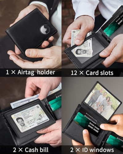Image of Serovi Mens Wallet with AirTag holder,Genuine Leather Bifold Wallets for Men RFID Blocking With 2 ID Window and 12 Cards Holders Gift Box (Airtag Not included)