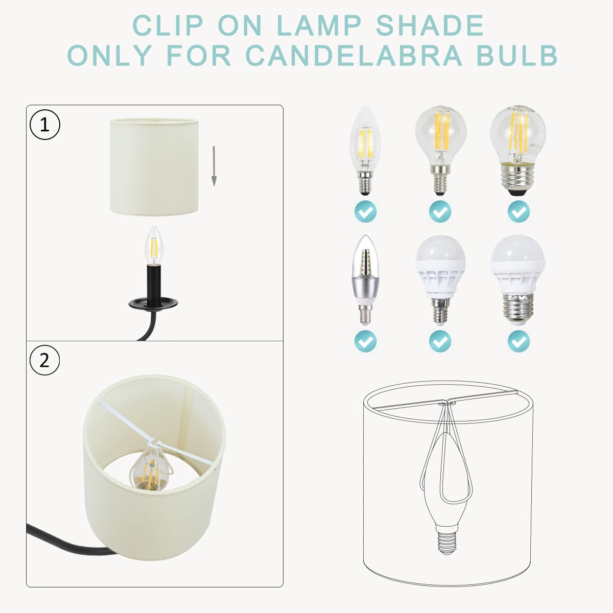KIKI - Set di 6 paralumi per lampadari con clip, colore: beige, 12,7 x 12,7 x 12,7 cm x 12,7 cm, mini paralume in tessuto, per lampadine a candela e piccole lampadine generali