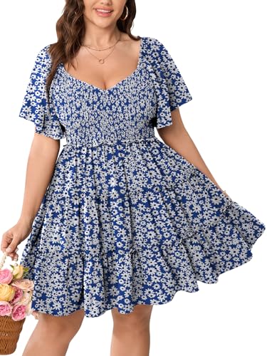 Image of SHESTARR Womens Plus Size Casual Mini Dress Sweetheart Neckline Short Flutter Sleeve Smocked A Line Tiered Ruffle Dresses