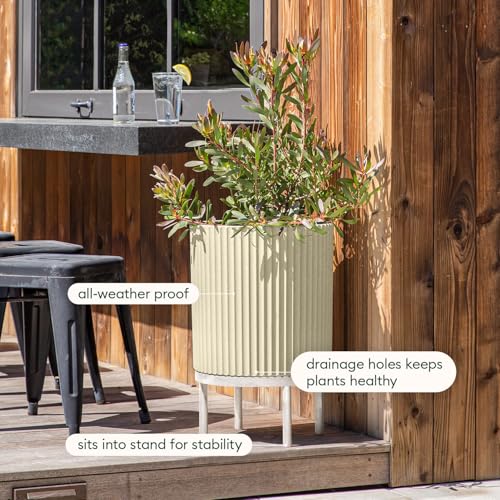 Image of Veradek Demi Series Raised Planter - Round Planter with Stand | Made From a Durable Plastic-Stone Composite & Comes With Wooden Stand. Modern Porch /Patio Decor