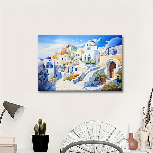 HSFFBHFBH Santorini Greece Wall Art Canvas Print - Vibrant Mediterranean Watercolor Painting of Iconic Oia Village - Coastal Cityscape Home Decor