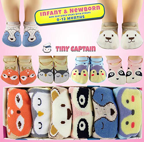 Baby Toddler Girls Grip Socks - Anti Slip 1 Year Old Girls Gift Cartoon 1-3 Yr Old Strap Non Skid Cotton Sock From Tiny Captain (Pink, Blue, Grey, Tan)