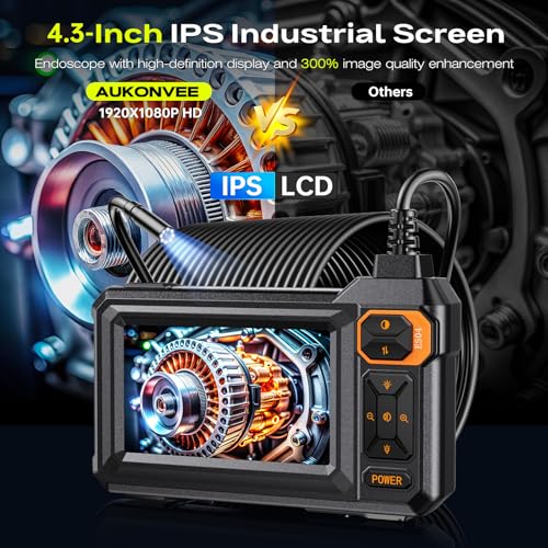 Image of Endoscope Borescope Camera with Light, 4.3 inch IPS 1920P HD Inspection Camera | AukonVee IP67 Waterproof 7.9mm Probe, 8 Adjustable LEDs, 50ft Semi-Rigid Snake Cable for Pipe, HVAC, Automotive & Sewer