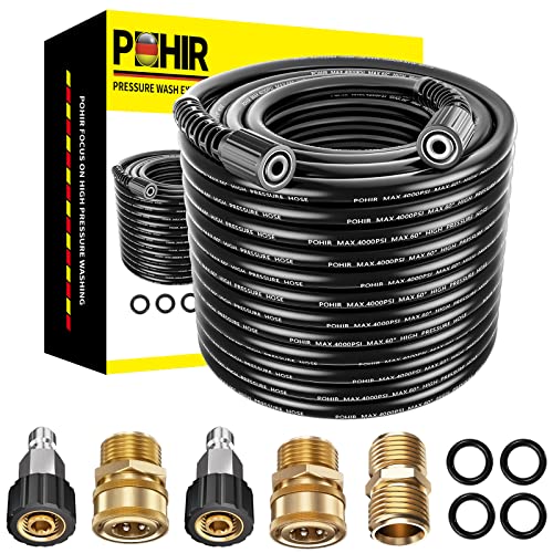 POHIR 100ft Pressue Washer Hose 4000 PSI High Power Washing Hose Replacement Hose with M22 Extension Adapter and 4pcs M22 14mm to 3/8 Quick Connect