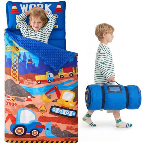 Image of JOIEDOMI Toddler Nap Mat with Removable Pillow and Minky Blanket 55''x30'' Kids Sleeping Bag for Boys and Girls Ages 3-6 Roll Up Soft Nap Mats for Preschool Kindergarten Daycare Sleepover