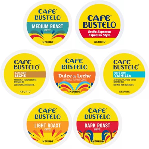 Cafe Bustelo K-cups Variety Pack Sampler Includes Espresso, Dark, Medium, Light, Dulce de Leche, Cafe Con Leche, And Cafe con Vanilla. 24 Count