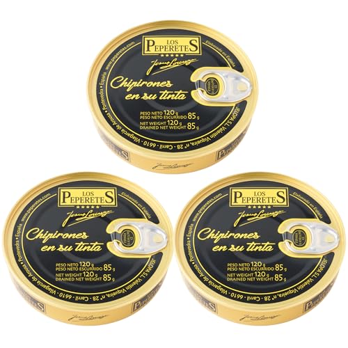 LOS PEPERETES x3 Lata Chipirones en su Tinta 120 g | Marisco Gallego Gourmet | Conserva Artesanal del Atlántico con Salsa de Tinta Natural | Chipiron Relleno en su Propia Salsa | Sabor Tradicional