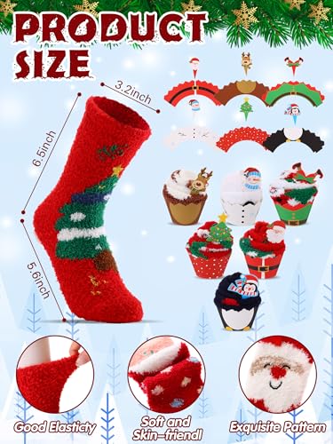 Image of Glitopper 24 Pairs Christmas Cupcake Fuzzy Socks Gift Cartoon Plush Fluffy Slipper Socks Winter Warm Socks for Women Holiday Soft Sleeping Sock for Unisex Adult Coworkers Christmas Gift